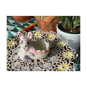 Vtg Ceramic Freaky Bunny Mini Planter Easter Pastel Hand Painted Florart 4x3.